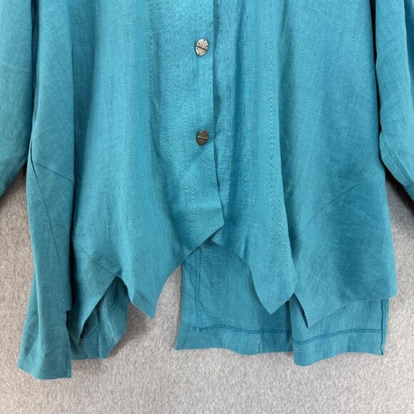Itemz Chris Baumgartner One Size Button-Up Shirt Aqua Blue Linen Asymmetric Hem - Picture 2 of 12